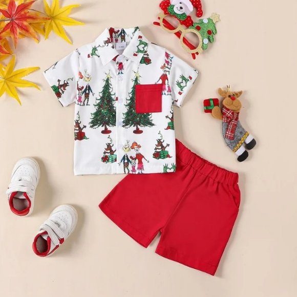 Grinch Who Stole Christmas Boys Buttons Shirt & Shorts Outfit Set - Picture 1 of 6